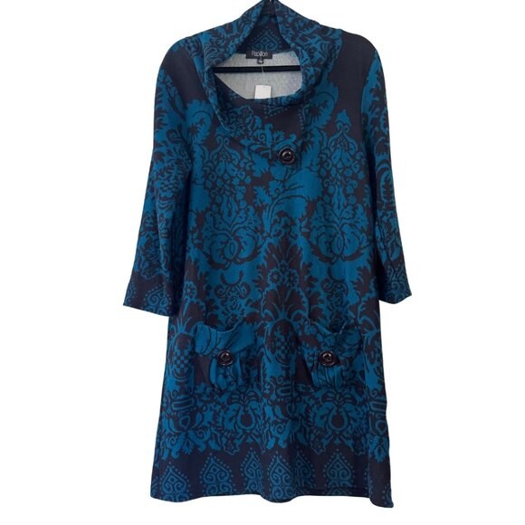 Papillon Sweaters - Papillon Knit Sweater Tunic Dress Cowl Neck Teal Blue Black Size Large